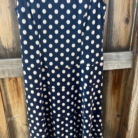 Anne Klein dress flare navy cream polka dots cap sleeve slinky 10 - Picture 3 of 9